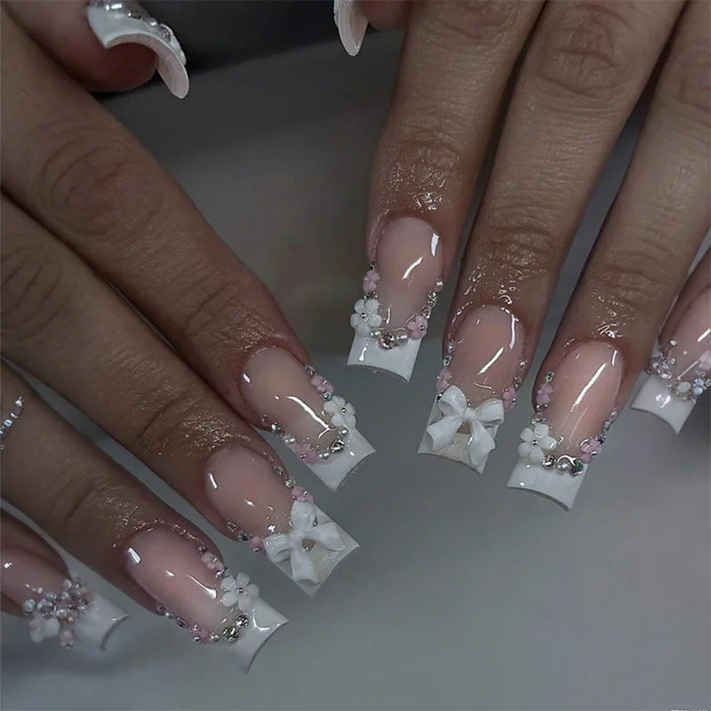 24-Piece Mid-Length Square French Press-On Nails – Leopard Print 3D Flower & Star