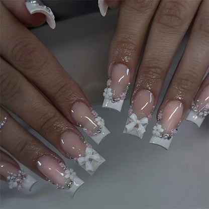 24-Piece Mid-Length Square French Press-On Nails – Leopard Print 3D Flower & Star