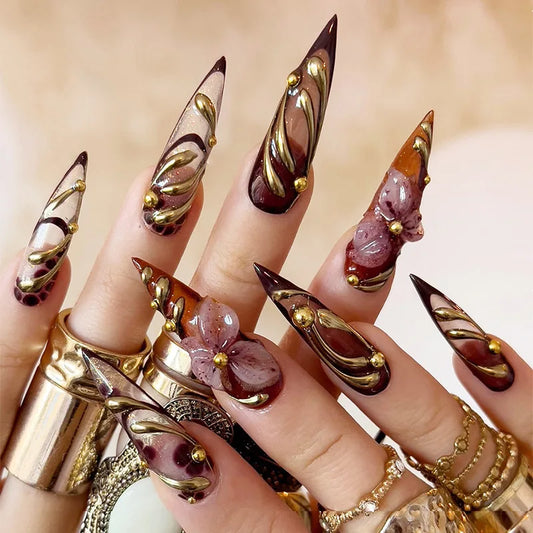 Long French Stiletto Press-On Nails – Wine Red Smudge 3D Flower 24-Piece