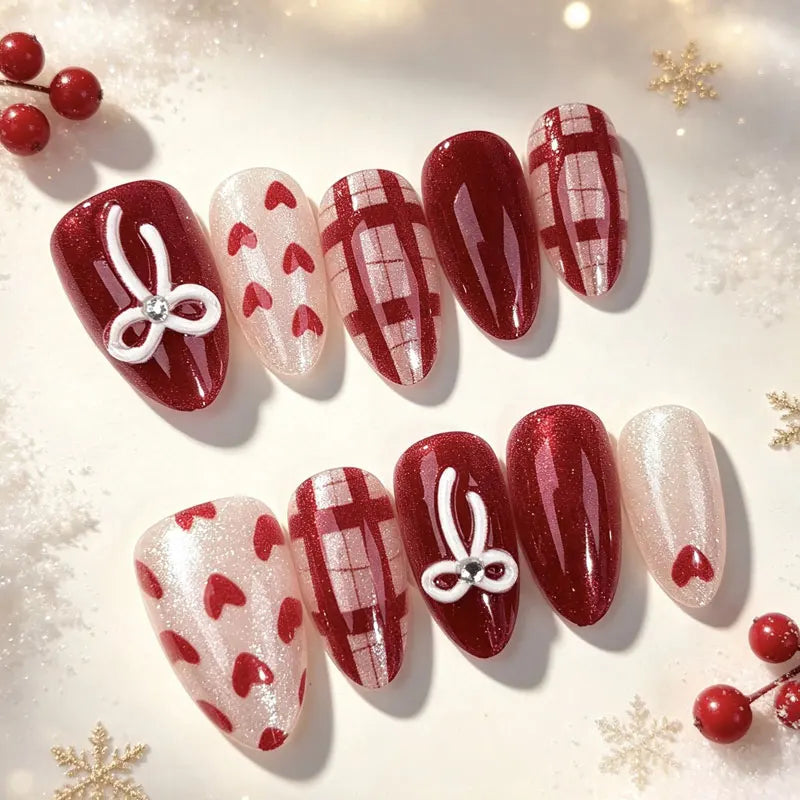 Christmas Theme - Red French Cat-Eye Press-On Nails — 10-Pieces