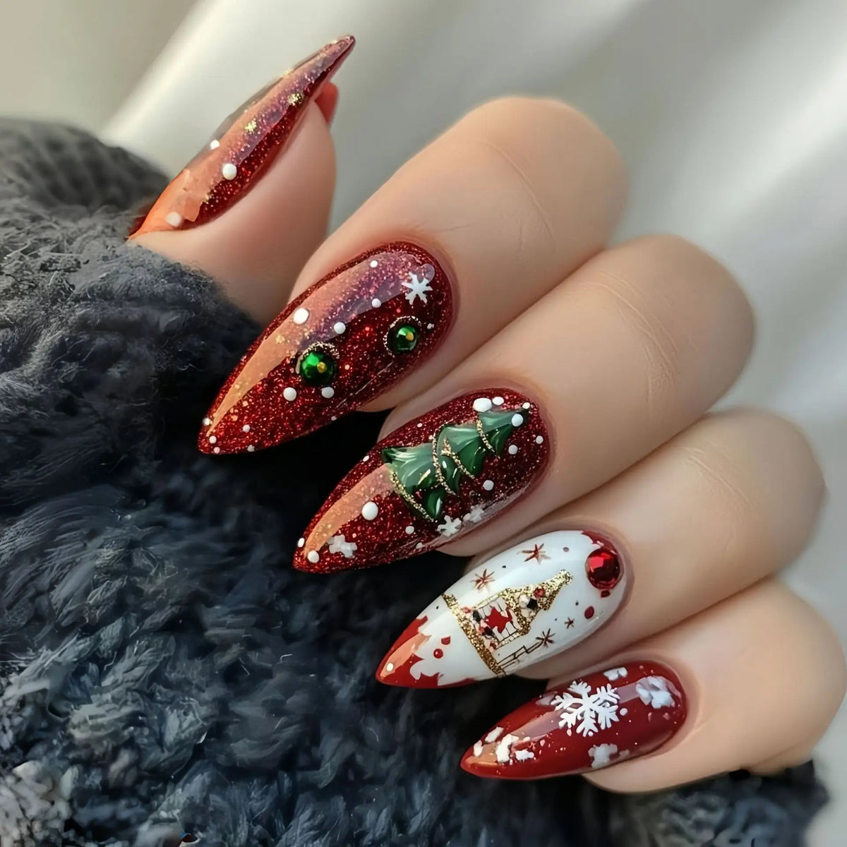 Christmas Theme - Red Glitter Leaf Press-On Nails — 24-Pieces