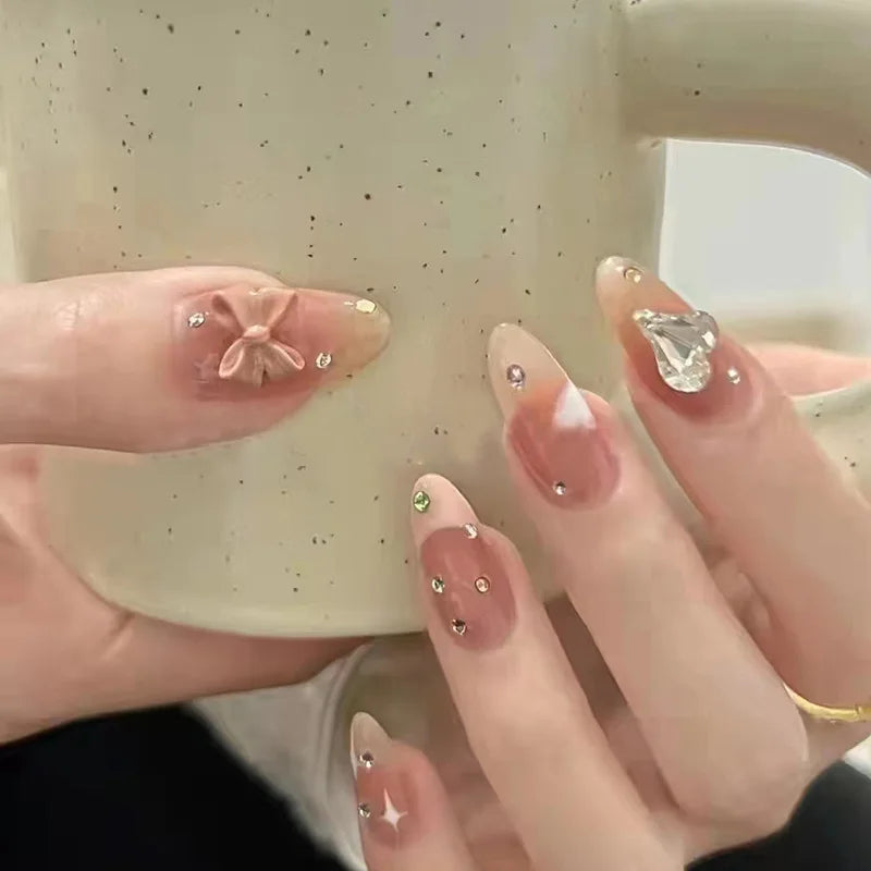 French Almond Press-On Nails-Flower & Star Design-24-Piece