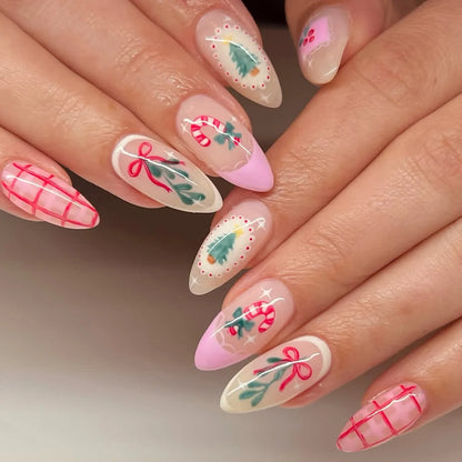 Christmas Theme - Red Glitter Leaf Press-On Nails — 24-Pieces