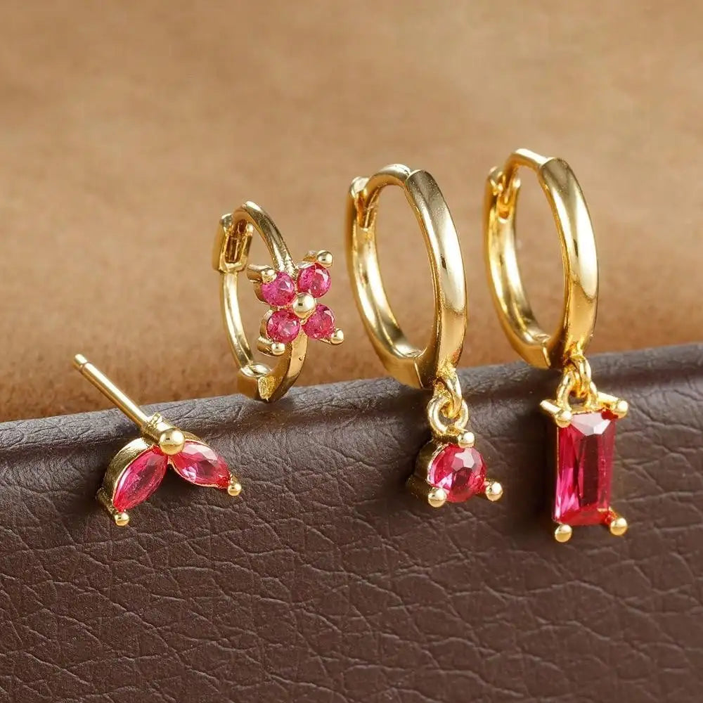 Cubic Zirconia Flower Hoop Earring Studs- 4 Piece