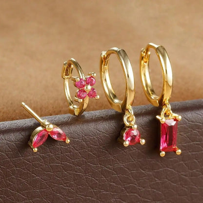 Cubic Zirconia Flower Hoop Earring Studs- 4 Piece