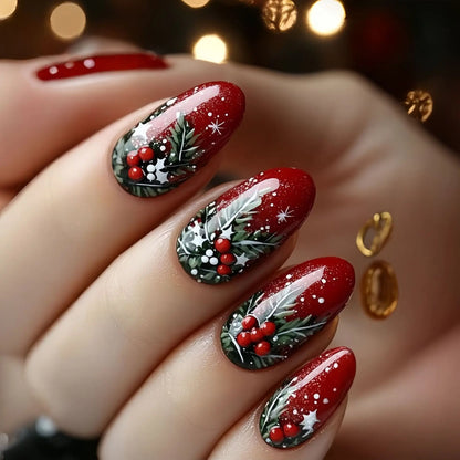 Christmas Theme - Blue Almond Snowflake Press-On Nails — 24-Pieces