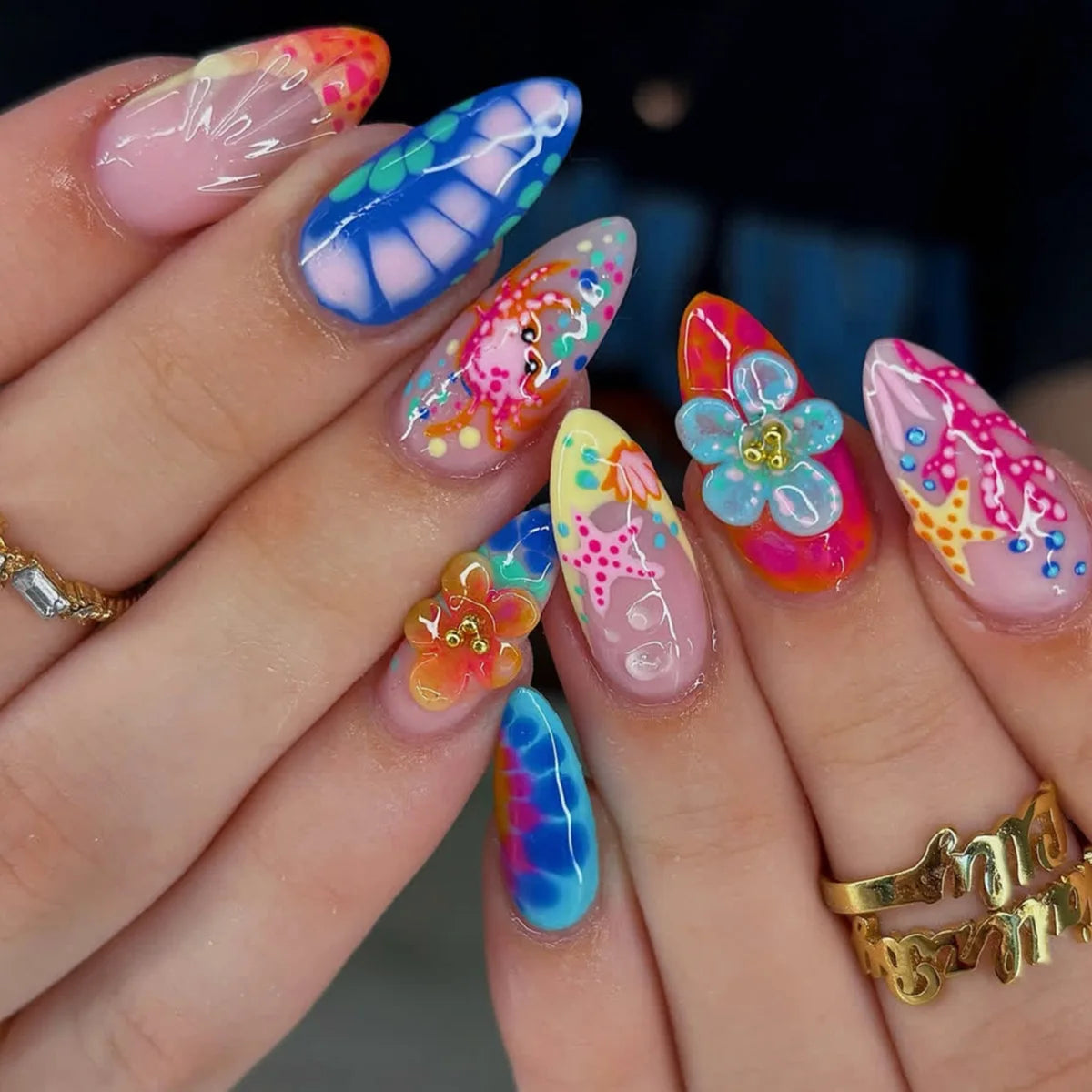 24-Piece Mid-Length Almond French Press-On Nails – Colorful Flower, Crab & Starfish