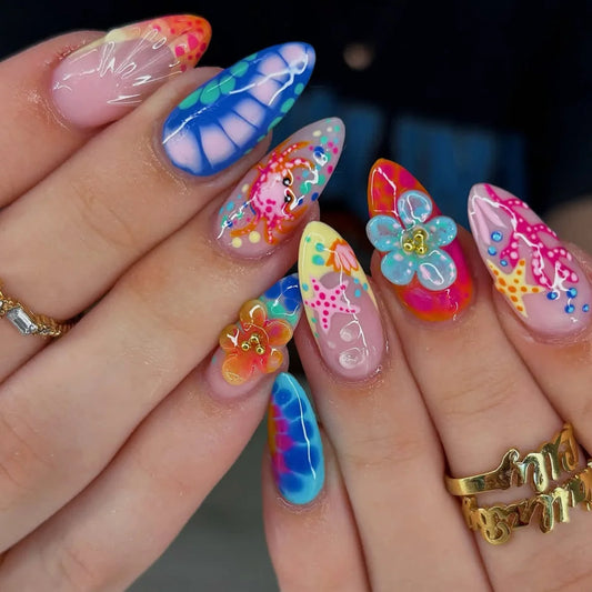 24-Piece Mid-Length Almond French Press-On Nails – Colorful Flower, Crab & Starfish