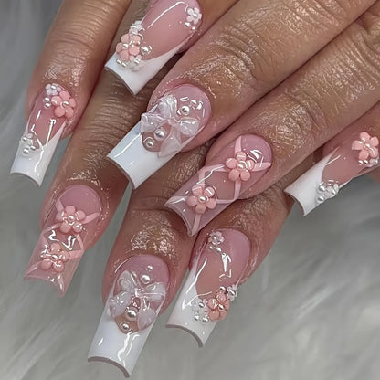 24-Piece Mid-Length Square French Press-On Nails – Leopard Print 3D Flower & Star