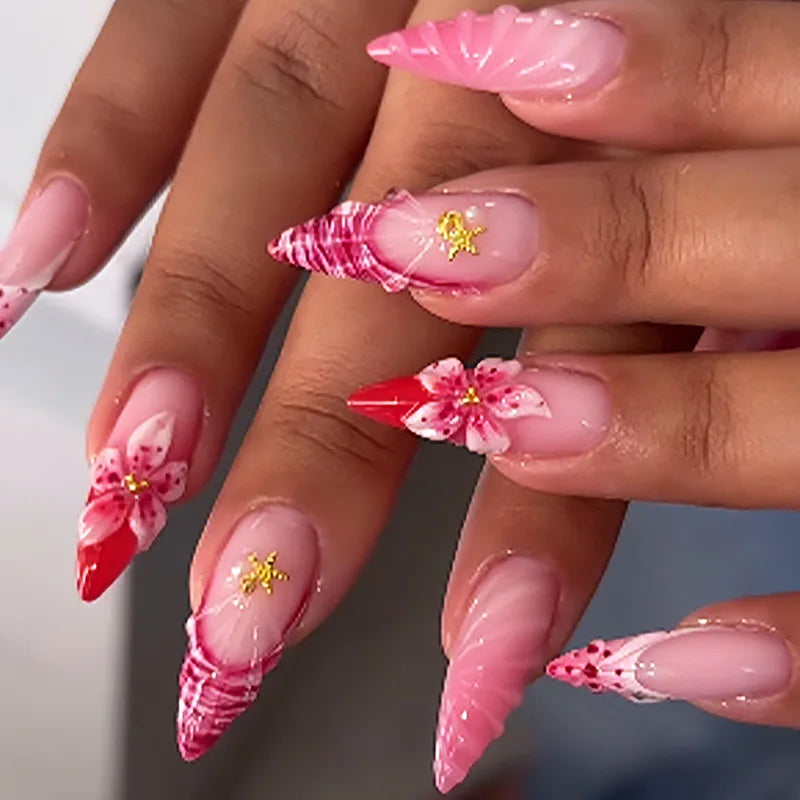 24-Piece Mid-Length Almond Yellow French Press-On Nails – 3D Flower & Pearl