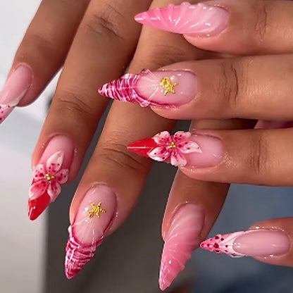 24-Piece Mid-Length Almond Yellow French Press-On Nails – 3D Flower & Pearl