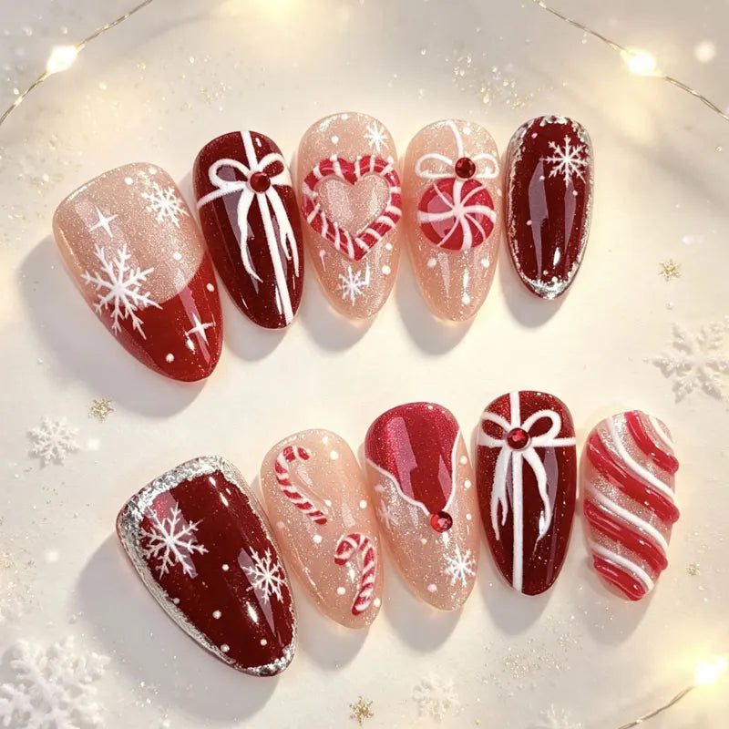 Christmas Theme - Red French Cat-Eye Press-On Nails — 10-Pieces