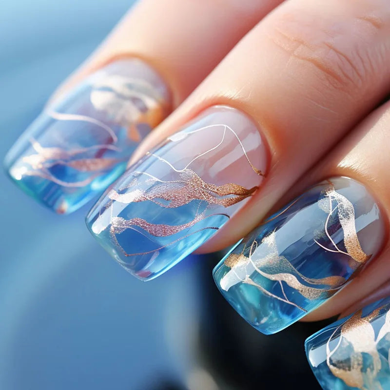 24-Piece Mid-Length Square Peach Blossom Press-On Nails – Shiny Powder & Rhinestone