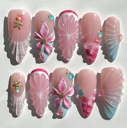 24-Piece Mid-Length Almond French Press-On Nails – Colorful Flower, Crab & Starfish