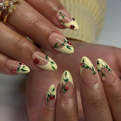 24-Piece Short Almond Pink Smudge Press-On Nails – 3D Flower & Pearl