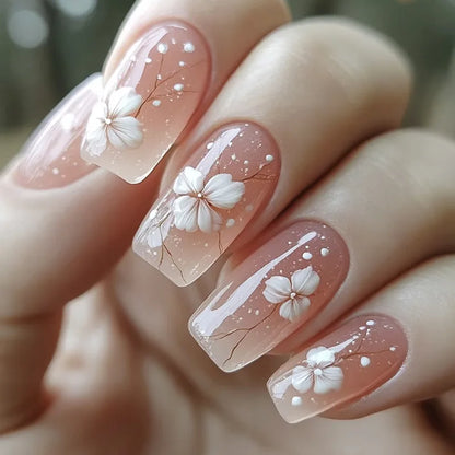24-Piece Mid-Length Square Peach Blossom Press-On Nails – Shiny Powder & Rhinestone