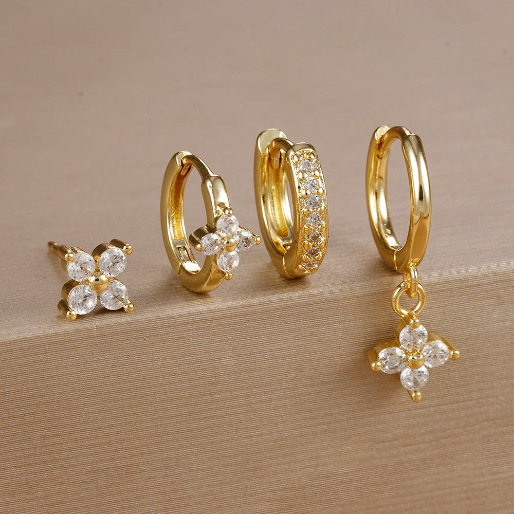 Cubic Zirconia Flower Hoop Earring Studs- 4 Piece