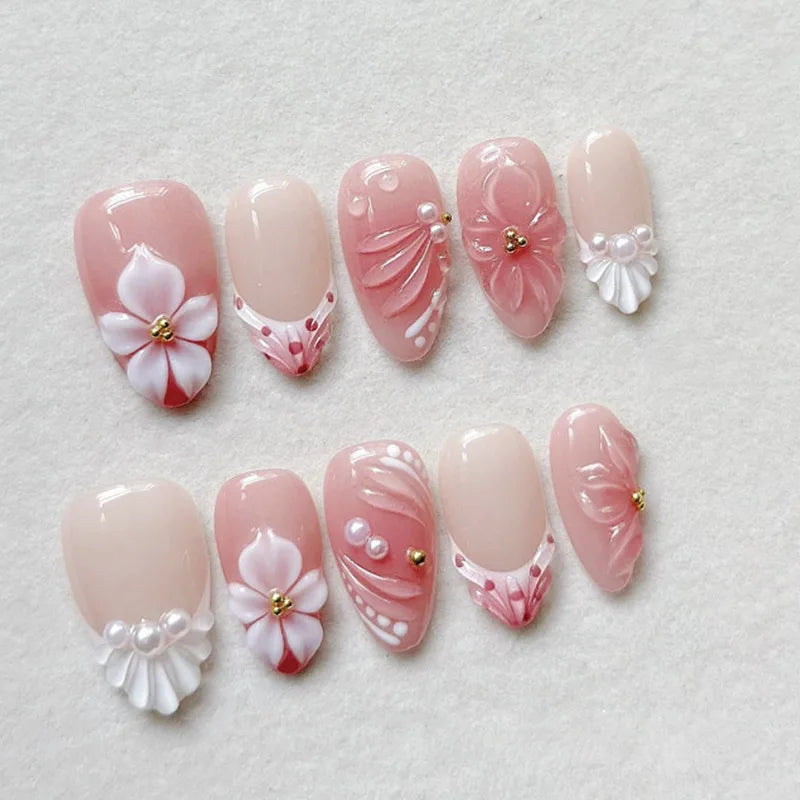 24-Piece Mid-Length Almond Yellow French Press-On Nails – 3D Flower & Pearl