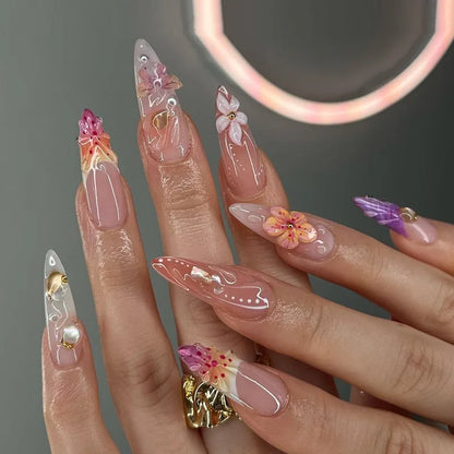 24-Piece Mid-Length Almond French Press-On Nails – Colorful Flower, Crab & Starfish
