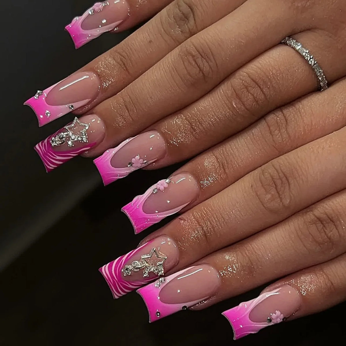 24-Piece Mid-Length Square French Press-On Nails – Leopard Print 3D Flower & Star