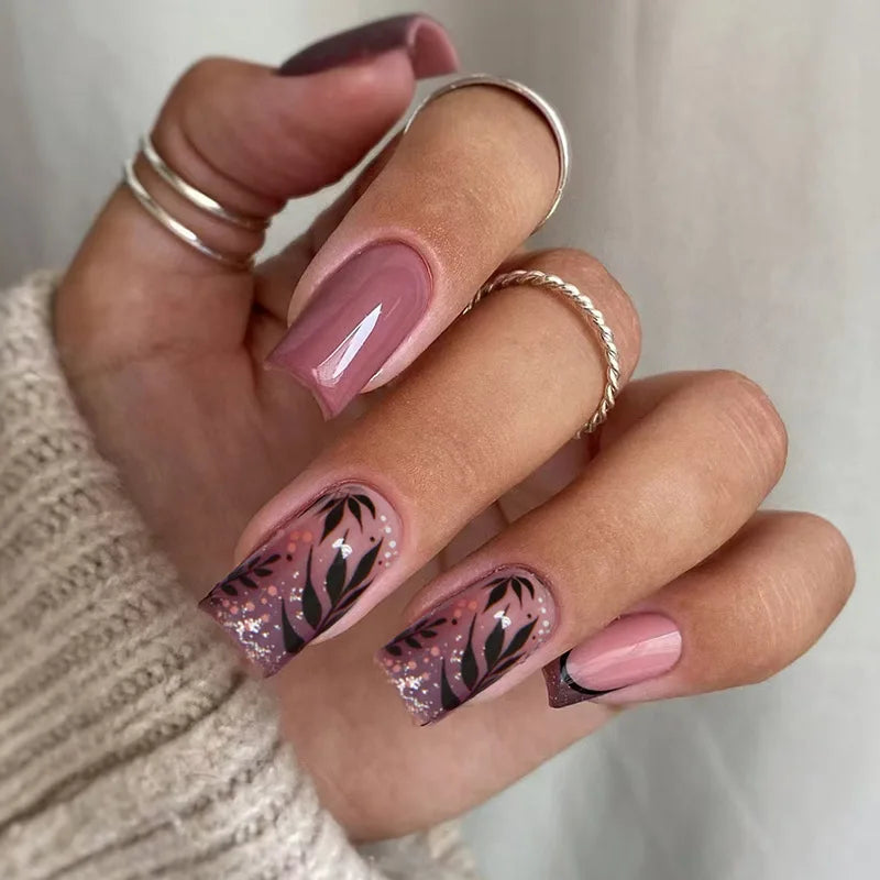 24-Piece Mid-Length Square French Press-On Nails – Autumn theme