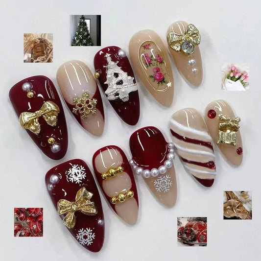 Christmas Theme - Blue Almond Snowflake Press-On Nails — 24-Pieces