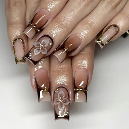24-Piece Mid-Length Square French Press-On Nails – Leopard Print 3D Flower & Star
