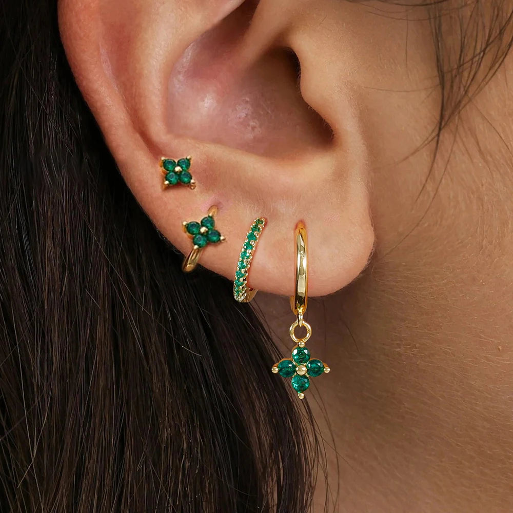 Cubic Zirconia Flower Hoop Earring Studs- 4 Piece