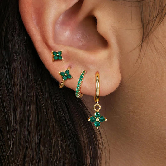Cubic Zirconia Flower Hoop Earring Studs- 4 Piece