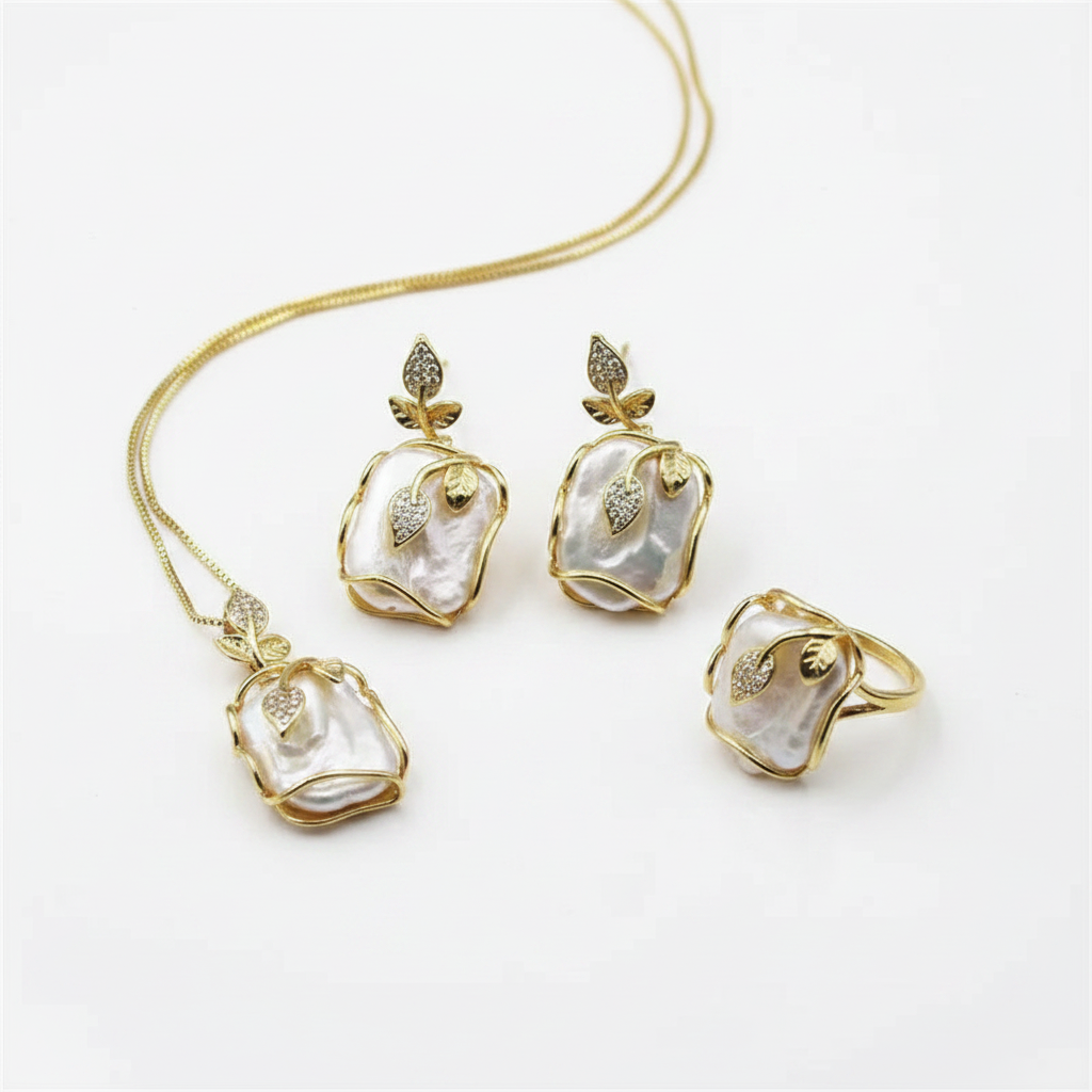 Baroque Natural Freshwater Pearl Rose Leaf Jewelry Set