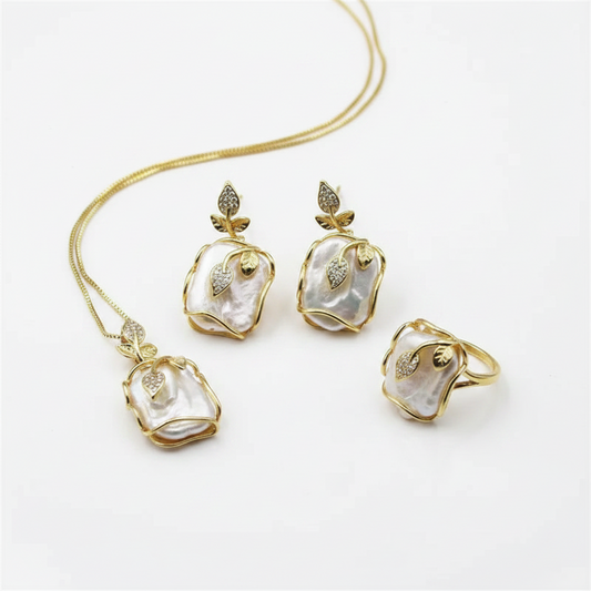 Baroque Natural Freshwater Pearl Rose Leaf Jewelry Set
