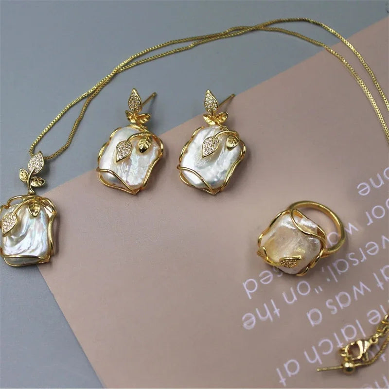 Baroque Natural Freshwater Pearl Rose Leaf Jewelry Set