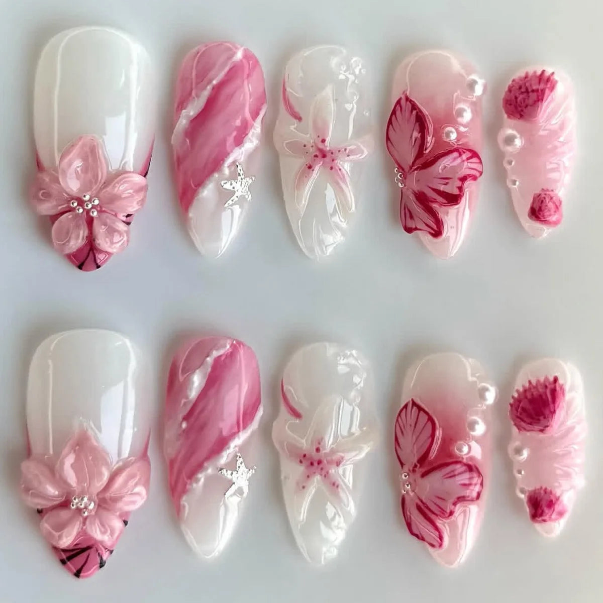 24-Piece Mid-Length Almond Yellow French Press-On Nails – 3D Flower & Pearl