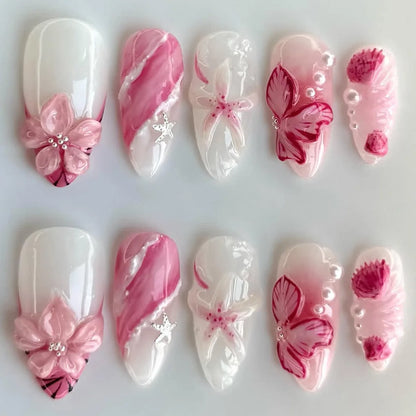 24-Piece Mid-Length Almond Yellow French Press-On Nails – 3D Flower & Pearl
