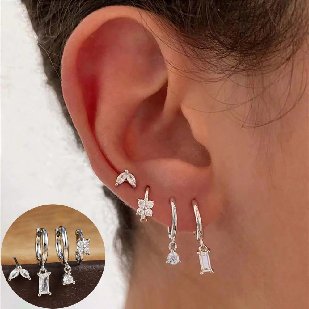 Cubic Zirconia Flower Hoop Earring Studs- 4 Piece