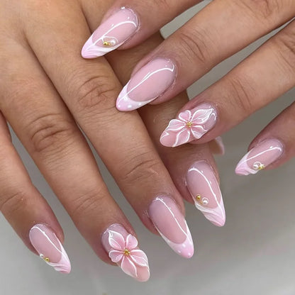24-Piece Short Almond Pink Smudge Press-On Nails – 3D Flower & Pearl