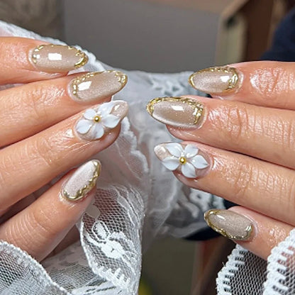 24-Piece Mid-Length Almond Yellow French Press-On Nails – 3D Flower & Pearl