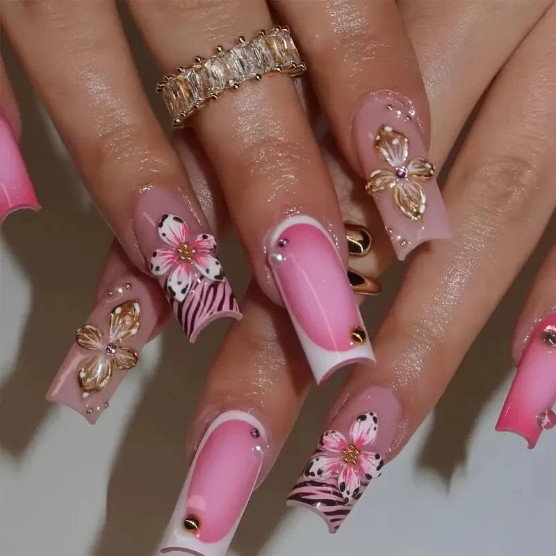 24-Piece Mid-Length Square French Press-On Nails – Leopard Print 3D Flower & Star