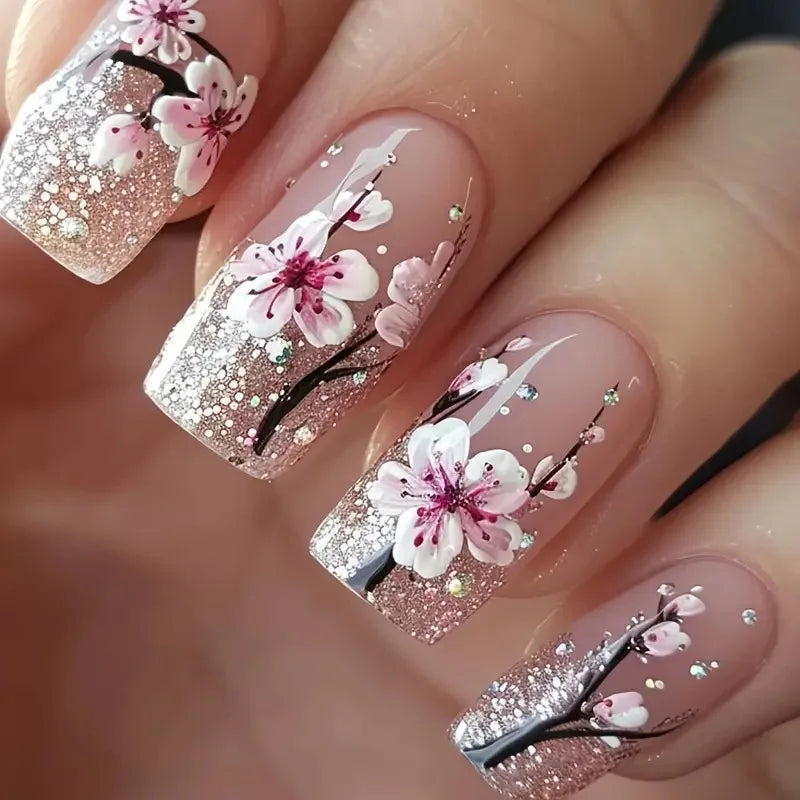 24-Piece Mid-Length Square Peach Blossom Press-On Nails – Shiny Powder & Rhinestone