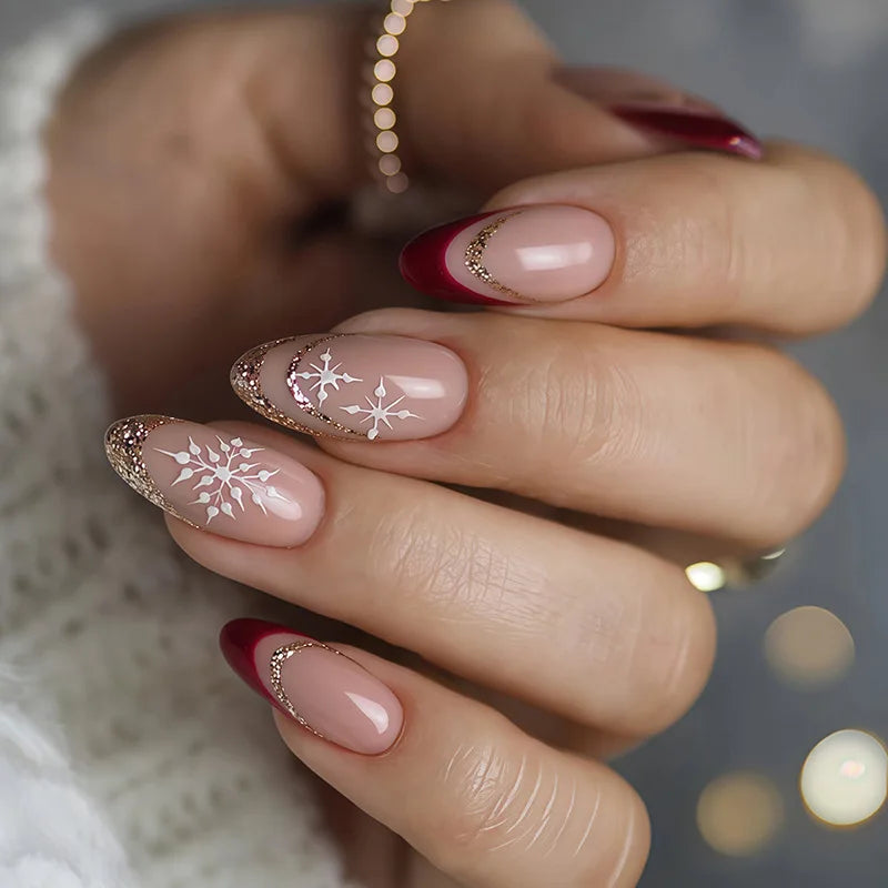 Christmas Theme - Red Glitter Leaf Press-On Nails — 24-Pieces