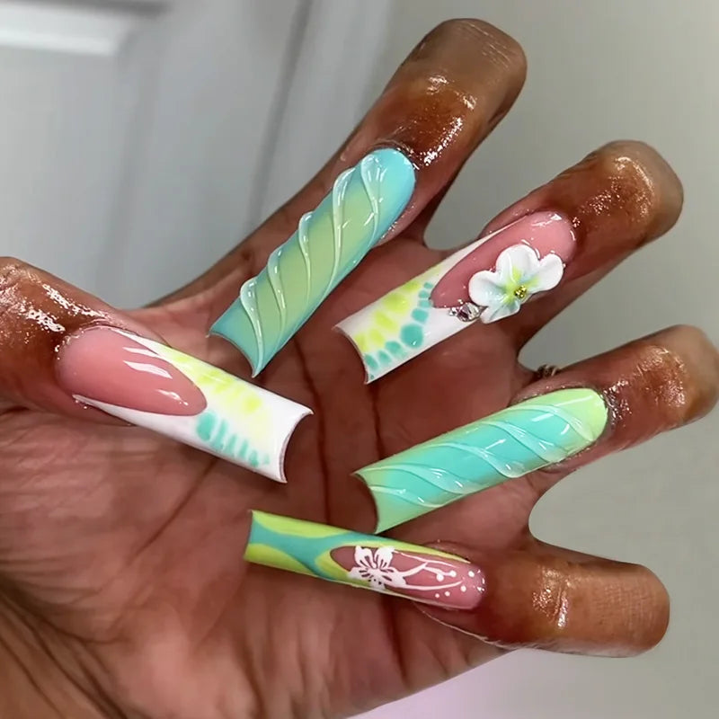 Long Square French Press-On Nails – Blue Leopard & 3D Flower 24-Piece