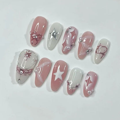 French Almond Press-On Nails-Flower & Star Design-24-Piece