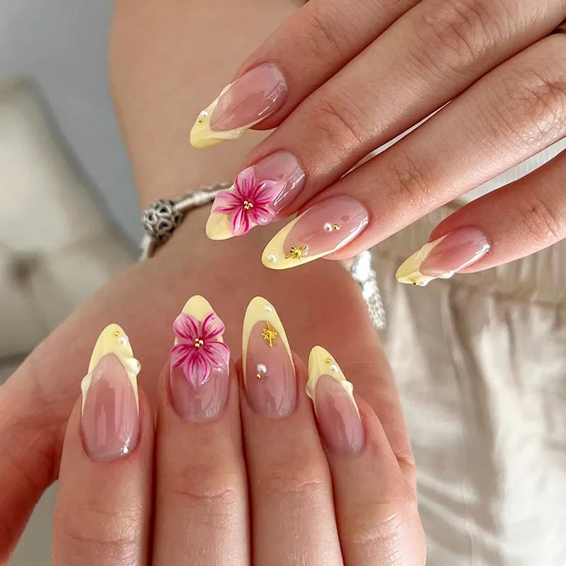 24-Piece Mid-Length Almond Yellow French Press-On Nails – 3D Flower & Pearl