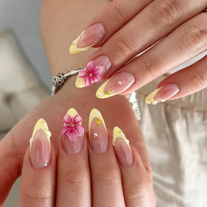 24-Piece Mid-Length Almond Yellow French Press-On Nails – 3D Flower & Pearl