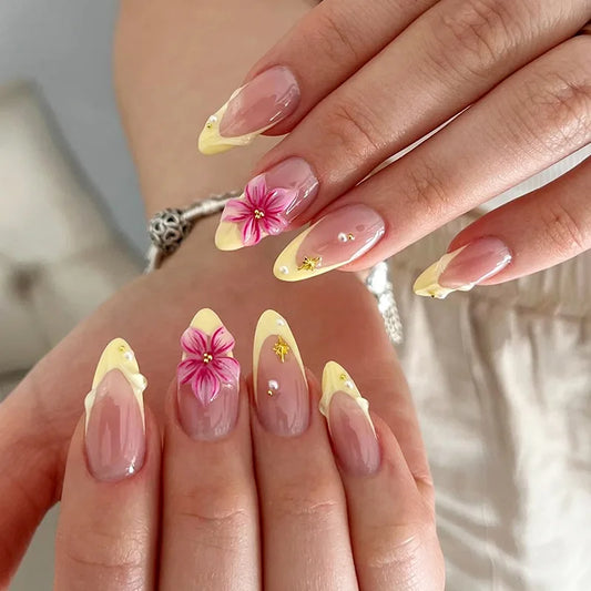 24-Piece Mid-Length Almond Yellow French Press-On Nails – 3D Flower & Pearl