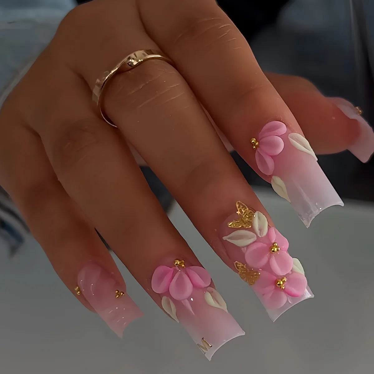 24-Piece Mid-Length Square French Press-On Nails – Leopard Print 3D Flower & Star