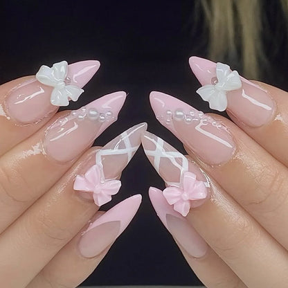 French Almond Press-On Nails-Flower & Star Design-24-Piece