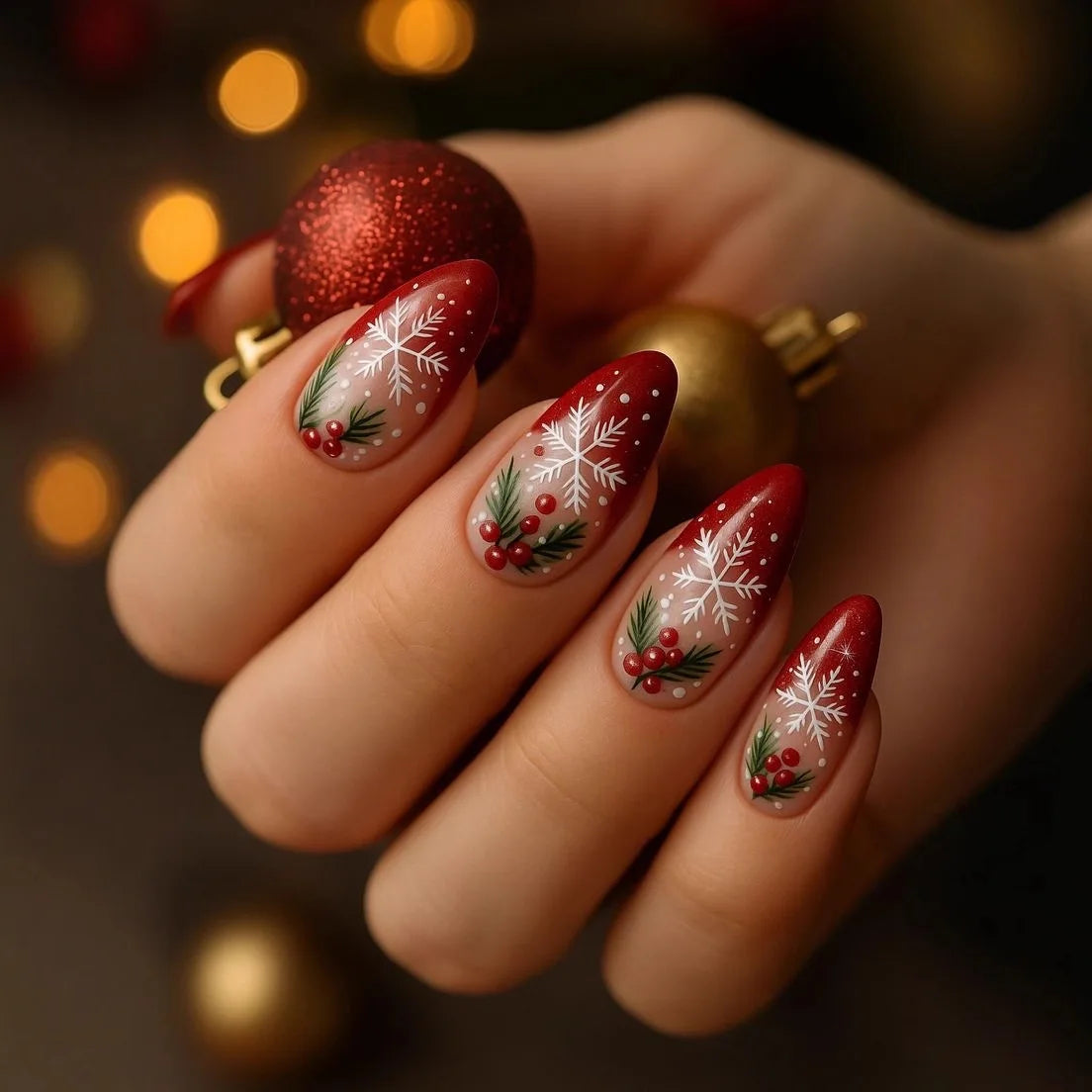 Christmas Theme - Red Glitter Leaf Press-On Nails — 24-Pieces