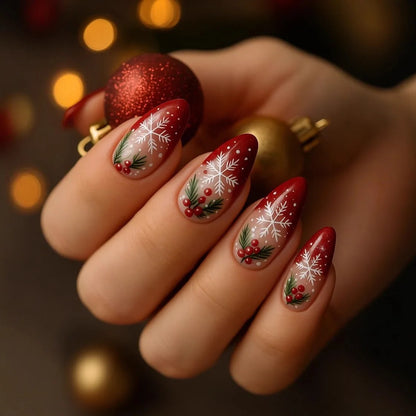 Christmas Theme - Red Glitter Leaf Press-On Nails — 24-Pieces