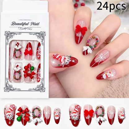 Christmas Theme - Red French Santa Snowman Press-On Nails — 24-Pieces